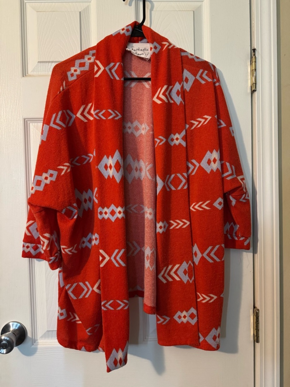 Fantastic Fawn Orange and White Geometric Open-Front Cardigan